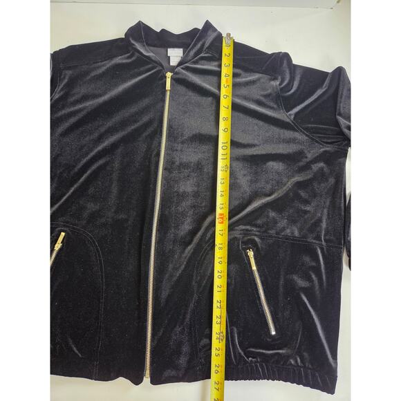 Chicos Travelers Black Velvet Velour Zipper Track Jacket 4 Gold Zipper XXL/20 - Picture 4 of 6